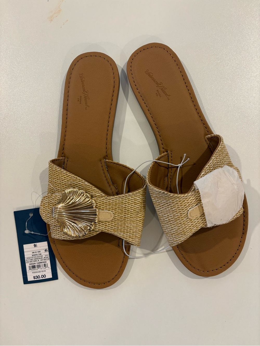 Target Woven Slide Sandals with Gold Shell Accent in Tan